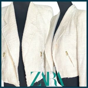 Zara Off White Textured Open Front 80's Inspired Crop Jacket (M)
